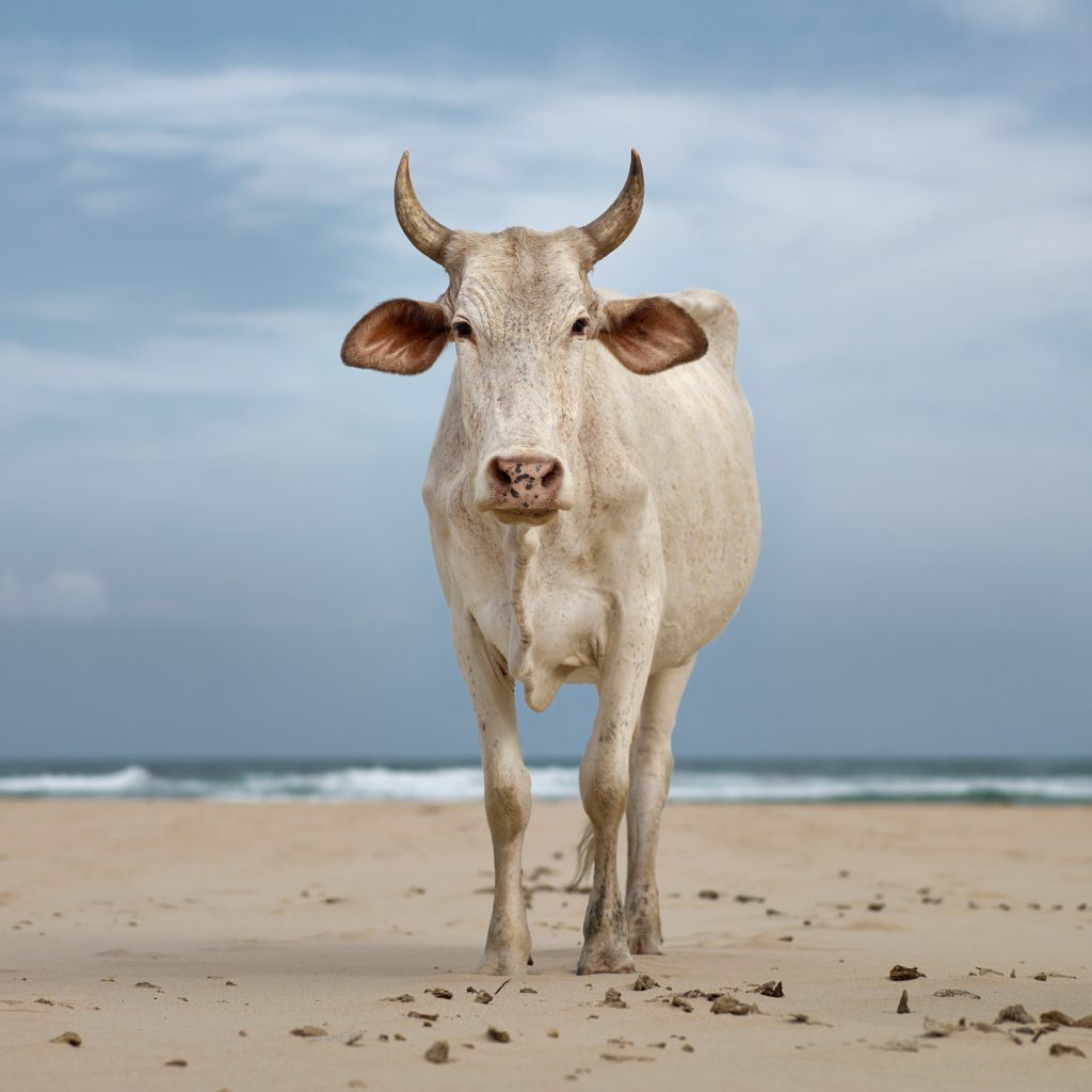 Xhosa Nguni cow on the shore. Mpande, Eastern Cape, South Africa, 21 January 2019